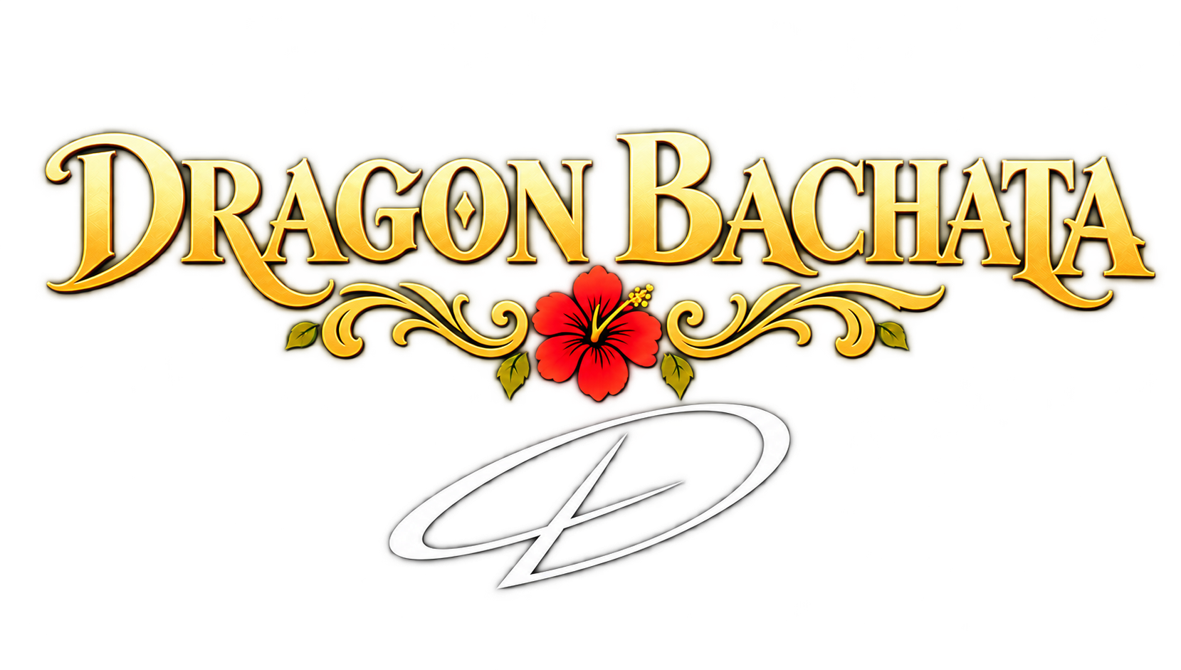 Dragon Bachata — originaler goldener Schriftzug mit roter Hibiskusblume, Ornamenten und weißem CD-Zeichen